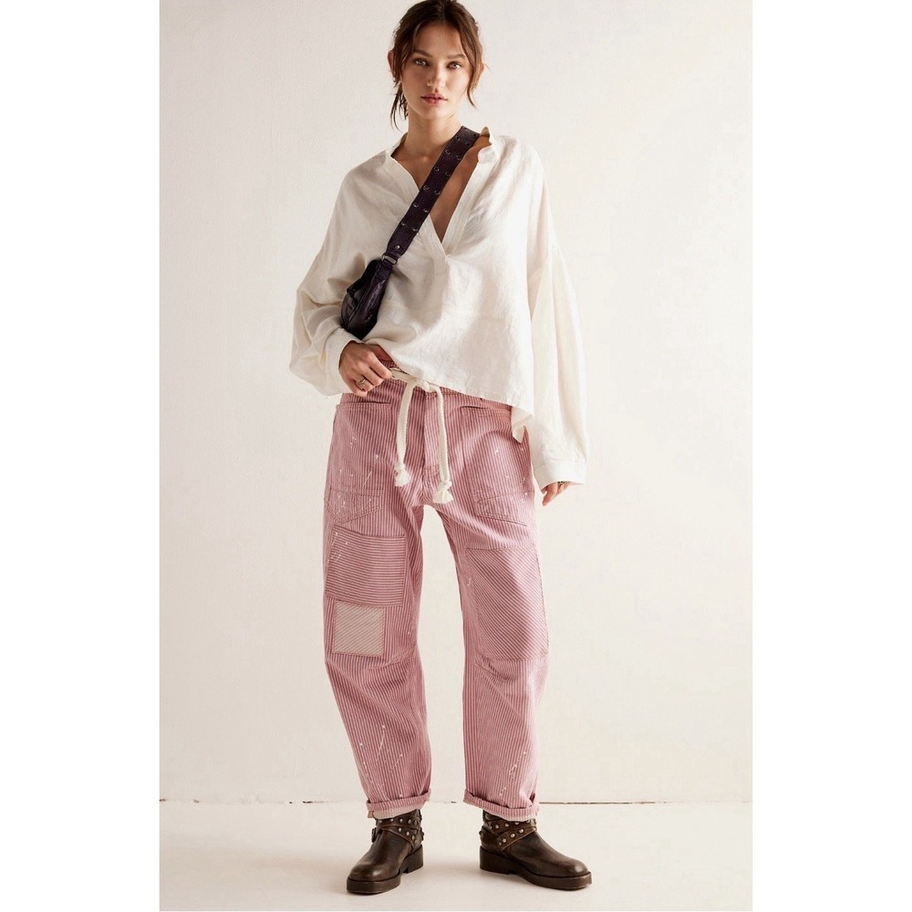 Free People Dried Rose Pink Railroad Striped Moxie Barrel Jeans Size 30 SOLD OUT